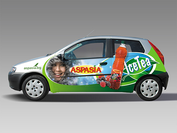 graphic design concept and prepress of advertising stickers Aspasia ice tea, as well as adaptation for various car brands, Aspasia