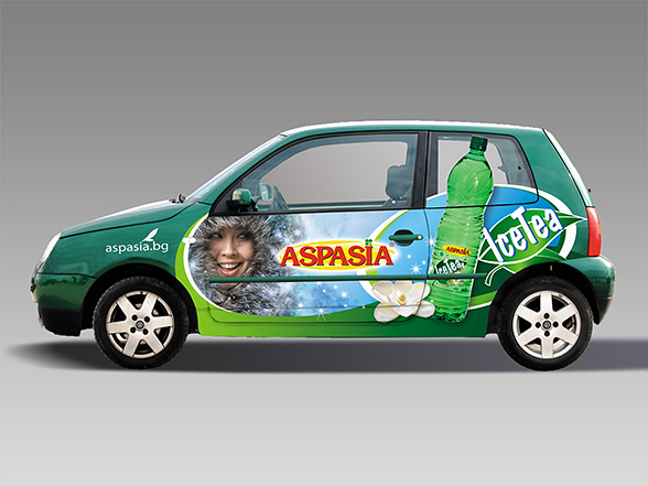 graphic design concept and prepress of advertising stickers Aspasia ice tea, as well as adaptation for various car brands, Aspasia