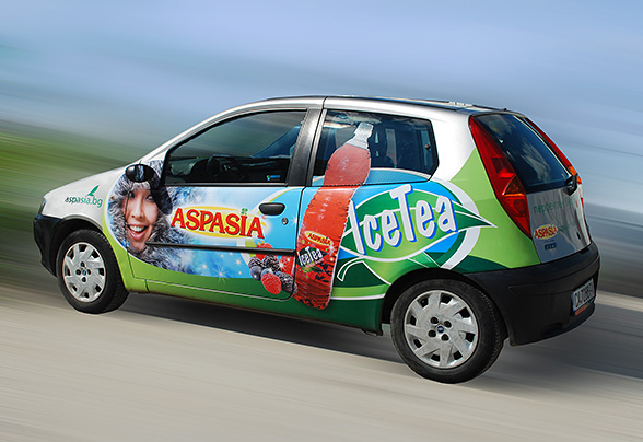 graphic design concept and prepress of advertising stickers Aspasia ice tea, as well as adaptation for various car brands, Aspasia