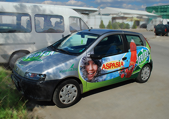 graphic design concept and prepress of advertising stickers Aspasia ice tea, as well as adaptation for various car brands, Aspasia