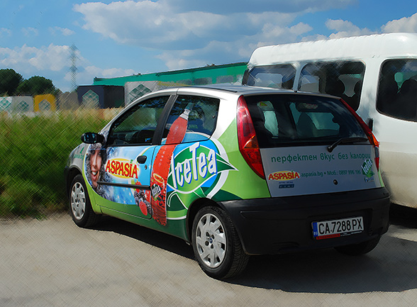 graphic design concept and prepress of advertising stickers Aspasia ice tea, as well as adaptation for various car brands, Aspasia