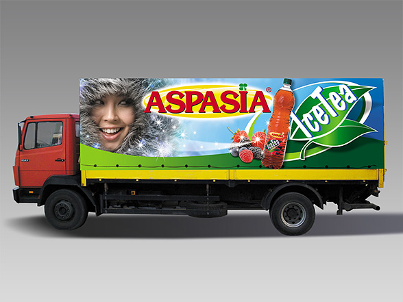 graphic design and prepress of product-oriented advertising covers for trucks - vision of Aspasia ice tea and lemonade
