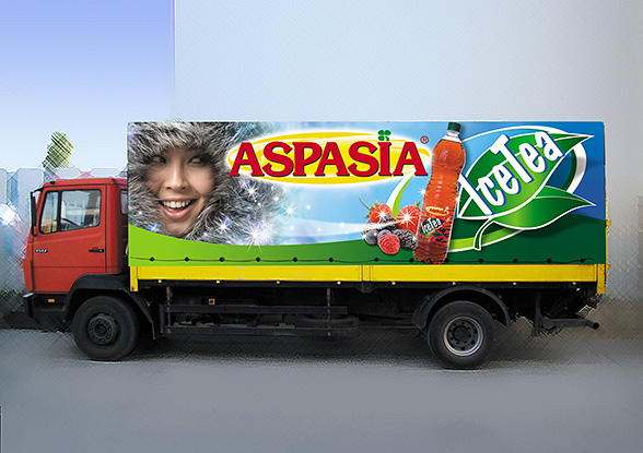 graphic design and prepress of product-oriented advertising covers for trucks - vision of Aspasia ice tea and lemonade