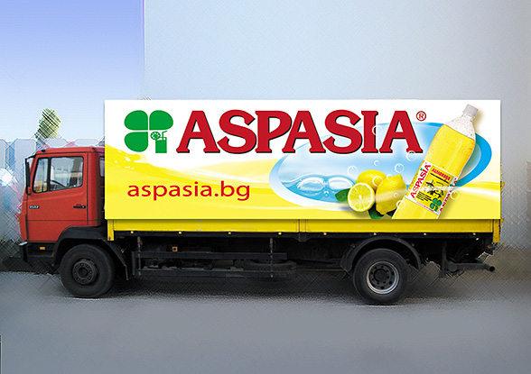 graphic design and prepress of product-oriented advertising covers for trucks - vision of Aspasia ice tea and lemonade