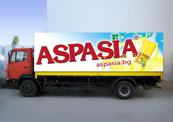 graphic design and prepress of product-oriented advertising covers for trucks - vision of Aspasia ice tea and lemonade