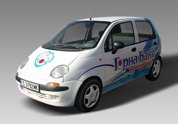 graphic design, prepress and printing of advertising stickers for Daewoo Matiz and Ford Fiesta car fleets, Gorna Bania