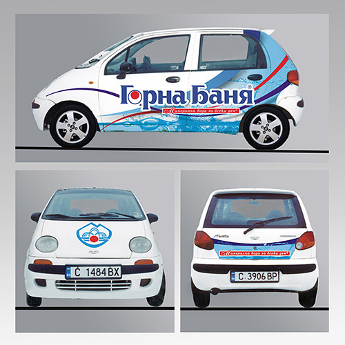 graphic design, prepress and printing of advertising stickers for Daewoo Matiz and Ford Fiesta car fleets, Gorna Bania
