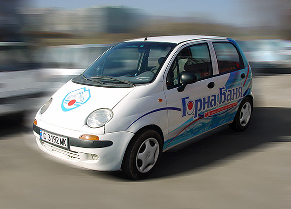 graphic design, prepress and printing of advertising stickers for Daewoo Matiz and Ford Fiesta car fleets, Gorna Bania