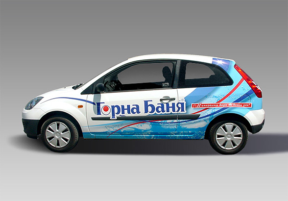 graphic design, prepress and printing of advertising stickers for Daewoo Matiz and Ford Fiesta car fleets, Gorna Bania