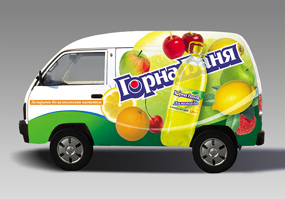 graphic design, prepress and printing of advertising stickers (soft drinks and mineral water) for a Daewoo Damas van, branding, Gorna Bania