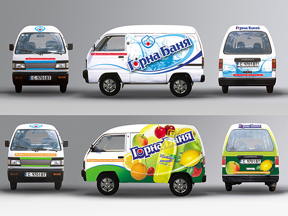 graphic design, prepress and printing of advertising stickers (soft drinks and mineral water) for a Daewoo Damas van, branding, Gorna Bania