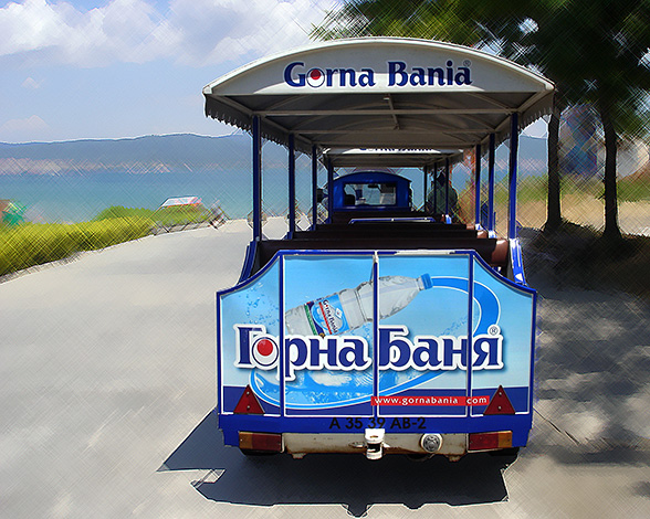graphic design and prepress of advertising stickers for an auto-coaster. Vision of Gorna Bania mineral water
