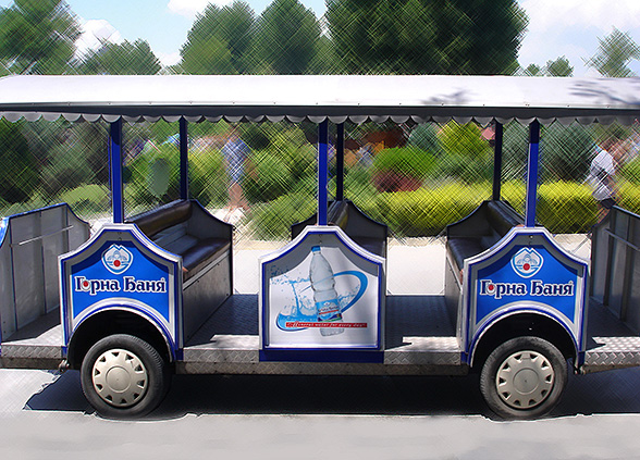 graphic design and prepress of advertising stickers for an auto-coaster. Vision of Gorna Bania mineral water
