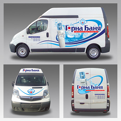 graphic design, prepress and printing of advertising stickers for an Opel Vivaro car fleet, branding, Gorna Bania