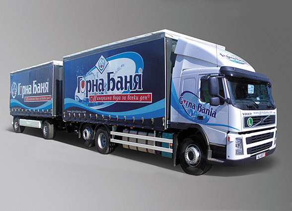 graphic design and prepress of vinyl advertising covers and advertising stickers for a Volvo truck fleet, Gorna Bania
