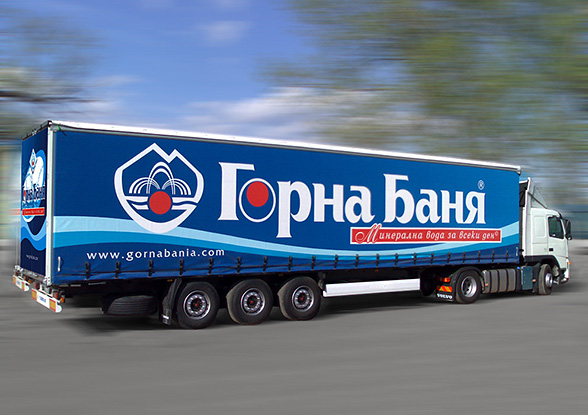 graphic design and prepress of vinyl advertising covers and advertising stickers for a Volvo truck fleet, Gorna Bania