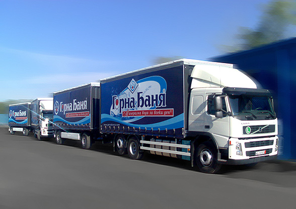 graphic design and prepress of vinyl advertising covers and advertising stickers for a Volvo truck fleet, Gorna Bania