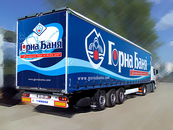 graphic design and prepress of vinyl advertising covers and advertising stickers for a Volvo truck fleet, Gorna Bania