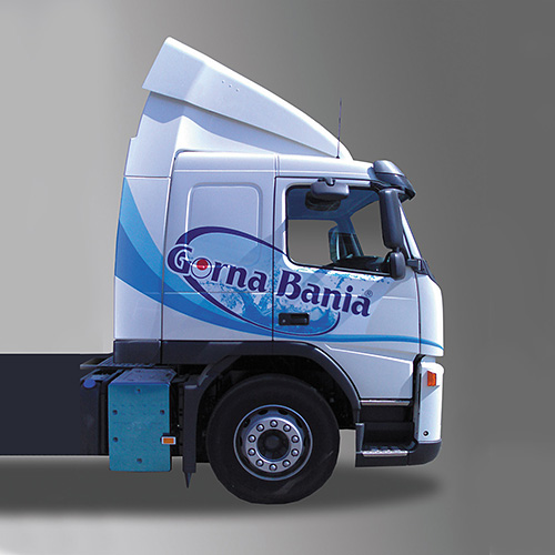 graphic design and prepress of vinyl advertising covers and advertising stickers for a Volvo truck fleet, Gorna Bania