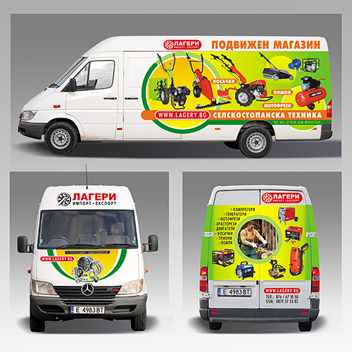 graphic design, prepress and  printing of advertising stickers for a Mercedes van, branding, Lagery Import Export