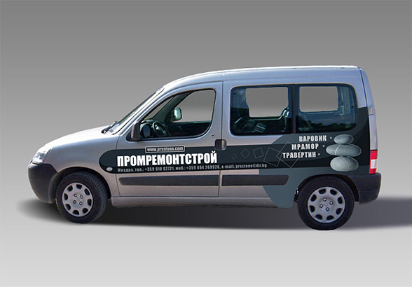 graphic design, prepress and  printing of advertising stickers for a Peugeot Partner, branding, Promremontstroy