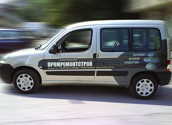 graphic design, prepress and  printing of advertising stickers for a Peugeot Partner, branding, Promremontstroy