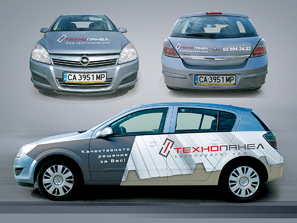 graphic design concept and prepress of advertising stickers for an Opel Astra car fleet, Technopanel