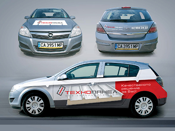 graphic design concept and prepress of advertising stickers for an Opel Astra car fleet, Technopanel