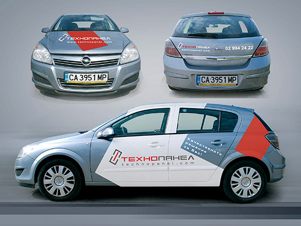 graphic design concept and prepress of advertising stickers for an Opel Astra car fleet, Technopanel