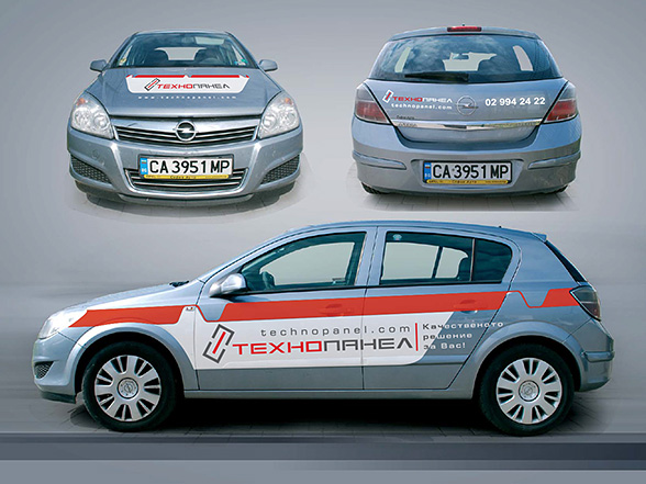graphic design concept and prepress of advertising stickers for an Opel Astra car fleet, Technopanel
