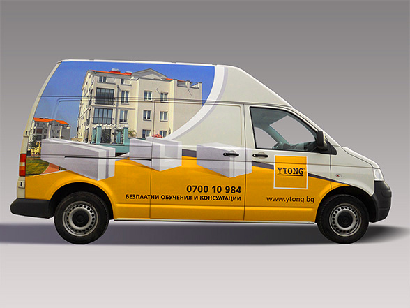 Prepress and printing of advertising stickers for VW Transporter mini vans and Opel Combo vans, branding, Xella Bulgaria