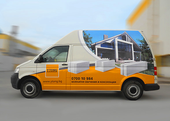 Prepress and printing of advertising stickers for VW Transporter mini vans and Opel Combo vans, branding, Xella Bulgaria