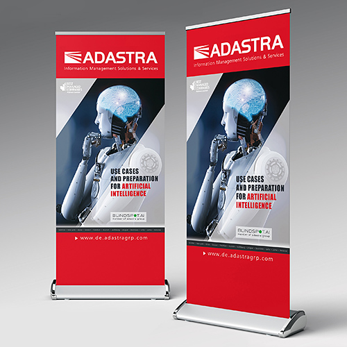 Graphic designs prepress preparation of an advertising roll-up banner for IT exhibitions.