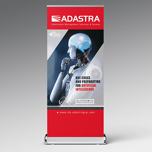 Graphic designs prepress preparation of an advertising roll-up banner for IT exhibitions.