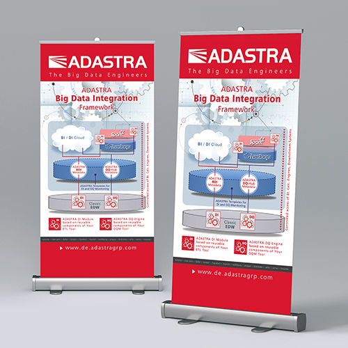 Graphic designs prepress preparation of an advertising roll-up banner for IT exhibitions.
