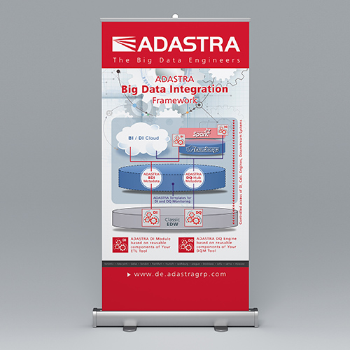 Graphic designs prepress preparation of an advertising roll-up banner for IT exhibitions.