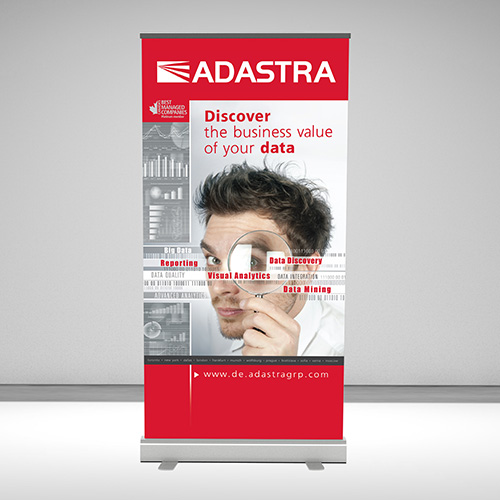 Graphic design and prepress of an advertising roll banner  Discover the business value of your data for IT exhibitions.