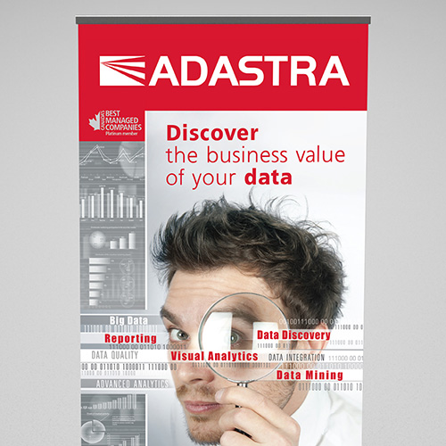 Graphic design and prepress of an advertising roll banner  Discover the business value of your data for IT exhibitions.