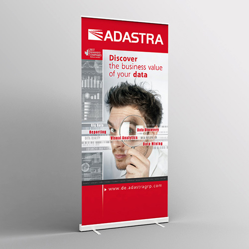Graphic design and prepress of an advertising roll banner  Discover the business value of your data for IT exhibitions.