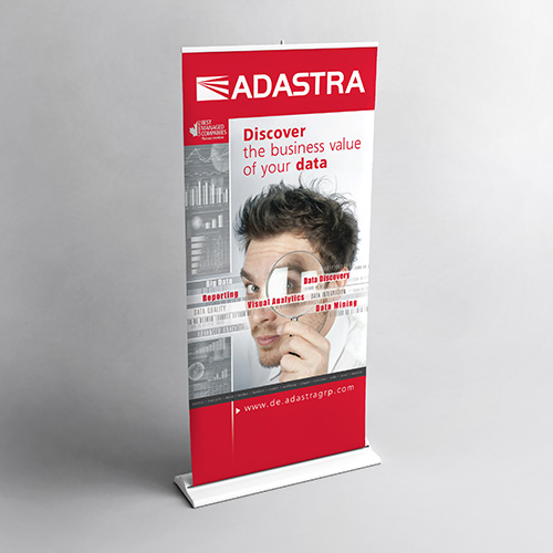 Graphic design and prepress of an advertising roll banner  Discover the business value of your data for IT exhibitions.