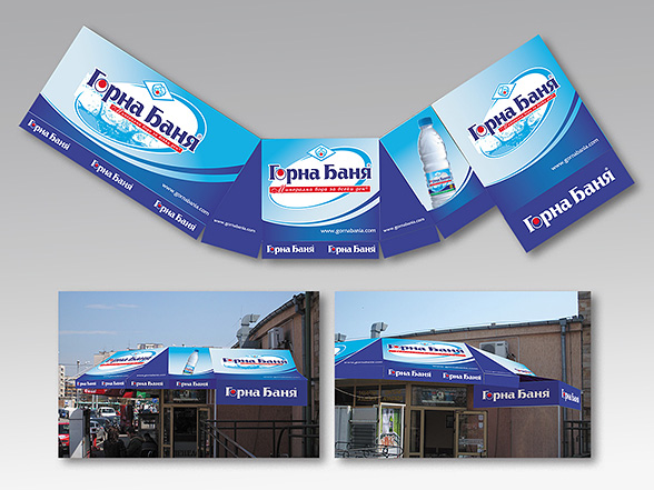 Graphic design and prepress of an advertising awning, Gorna Bania a mineral water vision.