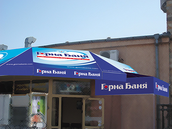 Graphic design and prepress of an advertising awning, Gorna Bania a mineral water vision.