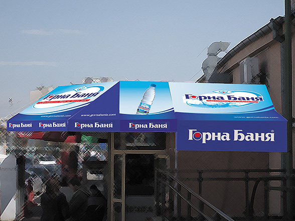 Graphic design and prepress of an advertising awning, Gorna Bania a mineral water vision.