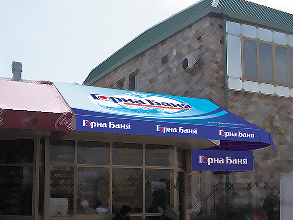 Graphic design and prepress of an advertising awning, Gorna Bania a mineral water vision.