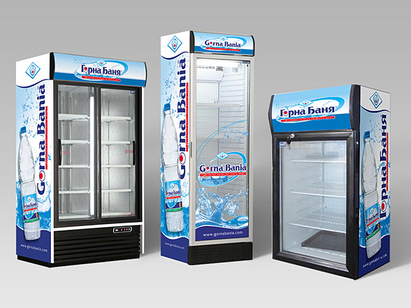 Graphic design concept and prepress of stickers for advertising coolers - Gorna Bania mineral water.