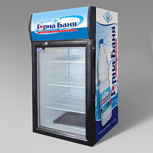 Graphic design concept and prepress of stickers for advertising coolers - Gorna Bania mineral water.