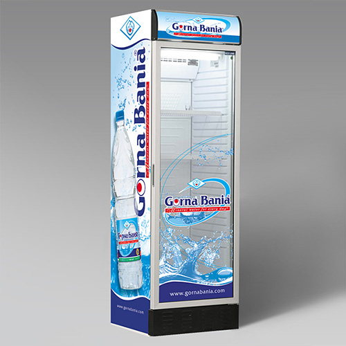 Graphic design concept and prepress of stickers for advertising coolers - Gorna Bania mineral water.