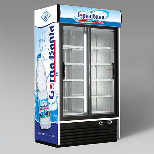 Graphic design concept and prepress of stickers for advertising coolers - Gorna Bania mineral water.