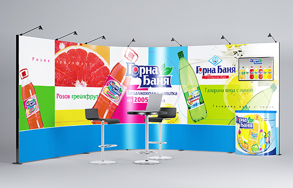 Design project and prepress of an advertising stand for a specialized trade expo - presentation of Gorna Bania carbonated soft drinks.