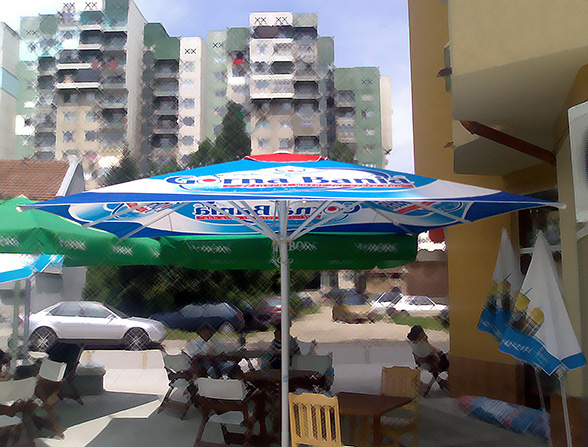 Design solutions and prepress of advertising umbrellas, Gorna Bania mineral water.